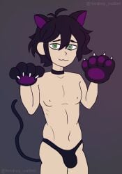 1boy 1femboy :3 ahoge andrew_graves animal_ears animal_hands artist_name black_choker black_hair black_thong black_underwear bulge bulge_under_clothes cat_boy cat_ears cat_paws cat_tail catboy choker fanart femboy femboy_cultist_(artist) femboy_focus femboy_only gay gloves green_eyes looking_at_viewer male male_focus navel nipples non-human otoko_no_ko pale-skinned_male pale_skin paw_gloves pectorals simple_background skindentation smooth_skin solo solo_male standing tail the_coffin_of_andy_and_leyley thong topless topless_male twink twitter_username underwear watermark yaoi