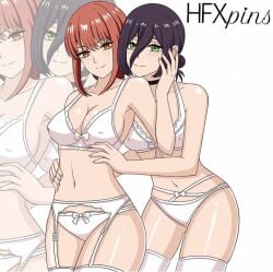 black_hair blush bra breasts brown_eyes chainsaw_man clothing female green_eyes hfxpins legs_together lingerie long_hair makima_(chainsaw_man) matching_underwear panties red_hair reze_(chainsaw_man) smile white_bra white_legwear white_lingerie white_panties white_thighhighs wide_hips yuri