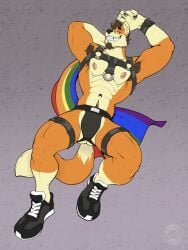 abs anthro armpit_hair artist_logo ass biceps body_hair brown_hair canid canine clothed clothing flag flag_(object) flag_cape footwear fox fur hair harness hi_res jake_northcote jockstrap leather leather_harness lgbt_pride lgbt_pride_month logo male mammal muscular muscular_male on_ground orange_body orange_fur pecs pride_colors pubes rainbow_flag rainbow_pride_flag rainbow_symbol shoes skimpy sneakers solo tail underwear wadaji