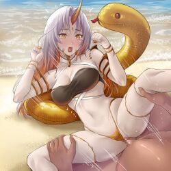 1boy 1girls alternate_costume bare_arms bare_legs bare_midriff bikini bikini_aside black_bikini black_swimsuit blush breasts censored cleavage colored_inner_hair deep_rising female female_focus fire_emblem fire_emblem_heroes gold_bikini gold_swimsuit grey_hair gullveig_(fire_emblem) gullveig_(summer)_(fire_emblem) inflatable_toy innertube large_breasts leg_grab legs long_hair male midriff multicolored_hair nail_polish navel nintendo official_alternate_costume open_mouth pale-skinned_female pale_skin plushie rape sex single_horn snake solo_focus spread_legs sweat swim_ring swimsuit swimsuit_aside thor_(deep_rising) vaginal_penetration white_bikini white_swimsuit yellow_bikini yellow_eyes yellow_nails yellow_swimsuit