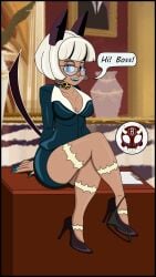 8ball9615 blue_lipstick cat_girl cat_tail dark_skinned_female desk glasses medium_breasts nadia_fortune panties_around_one_leg secretary seductive_look seductive_smile short_hair sitting_on_desk skullgirls white_hair