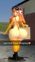 3d 3d_(artwork) ass_bigger_than_head ass_bigger_than_torso ass_cleavage ass_jiggling bag big_ass big_butt blush bubble_ass bubble_butt high_heel_boots kaibernation leggings long_sleeve_gloves looking_at_viewer meggy_spletzer phone_screen slingshot_bikini smg4 text textless_version walking