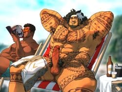 2boys armpit_hair baptiste bara beach gay inviting_to_sex male_focus mauga muscle overwatch overwatch_2 penis presenting_penis pubes pubic_hair summer tagme tattoo unspoken_(firebreath110)