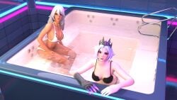 2girls aphrodite aphrodite_(fortnite) breasts fortnite fortnite:_battle_royale light-skinned_female light_skin long_hair looking_at_viewer medium_breasts persephone persephone_(fortnite) pool short_hair swimming_pool swimsuit swimwear white_hair zen_art