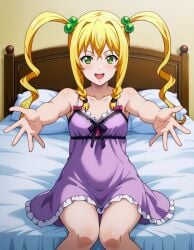 :d ai_generated armpits bangs bare_shoulders bed bed_sheet bedroom blonde_hair blush braid breasts clavicle cleavage clothing dress female female green_eyes hair_between_eyes hair_bobbles hair_ornament himegami_kodama indoors lingerie lolita_fashion long_hair looking_at_viewer maken-ki! maken-ki!_(series) maken-ki!_two nightgown on_bed open-mouth_smile open_mouth outstretched_arms pillow sidelocks sitting sleepwear small_breasts smile solo teen teen_girl teenage teenage_girl teenager teeth thighs tied_hair twin_braids twintails