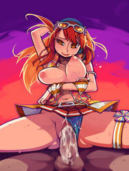 beatmania beatmania_iidx bikini bikini_top bouncing_breasts breasts censored cum cum_inside dark-skinned_male erect_nipples eric_muentes hairband highres long_hair muentes orange_eyes orange_hair penis pleated_skirt skirt sunglasses sunglasses_on_head sweat swimsuit swimsuit_aside testicles umegiri_iroha