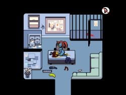 ambiguous_gender animated anthro bouncing bouncing_breasts breasts clothes_on_floor deltarune desk duo female fish food furniture human ketchup kris_(deltarune) mammal marine nsfwfromd on_desk penetration penile penile_penetration police police_hat shaking sofa table tagme undertale_(series) undyne watermark