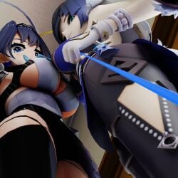 1ambiguous 2girls 3d 3d_(artwork) big_breasts bigger_dom bigger_dom_smaller_sub blue_eyes blue_hair breasts clothed clothed_female crossover domination extrathic female_dominating female_domination female_only femdom frown frowning frowning_at_viewer genshin_impact giantess hololive hololive_english hololive_english_-council- larger_female leash looking_at_viewer multiple_females multiple_girls ouro_kronii pov short_hair smaller_sub smaller_sub_bigger_dom submissive_pov virtual_youtuber yelan_(genshin_impact)