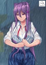 1female 1girls big_breasts blue_skirt bluekapo breasts caught_in_rain doki_doki_literature_club in_rain long_hair purple_eyes purple_hair rain raining skirt wet wet_clothes wet_clothing yuri_(doki_doki_literature_club)