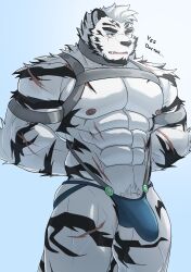 2021 abs anthro arknights biceps biped black_ears black_nose blue_eyes bulge colored detailed_bulge english_text eyebrows facial_hair facial_scar felid fur genitals hi_res hypergryph male mammal mountain_(arknights) muscular muscular_anthro muscular_male muscular_thighs nipples one_eye_closed pantherine pecs penis penis_base pubes red_nipples scar serenaught solo studio_montagne text thick_eyebrows tiger white_body white_fur white_pubes