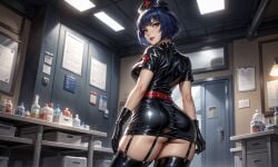 1woman ai_generated ass ass_focus black_latex black_latex_gloves black_latex_thighhighs blunt_bangs bob_cut brown_eyes choker doctor&#039;s_office dominant_female garter_straps gloves knowing_look latex latex_gloves latex_nurse latex_thighhighs looking_at_viewer looking_back_at_viewer low-angle_view low_angle nurse nurse_cap nurse_uniform persona persona_5 persona_5_royal rear_view red_belt red_lips red_lipstick short_dress short_hair showing_ass skin_tight skindentation standing studded_choker tae_takemi thighhighs