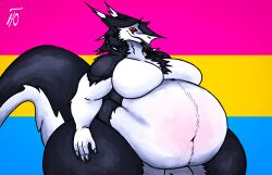 absurd_res anthro black_body black_fur claws fur genitals hi_res lgbt_pride male markings obese obese_anthro obese_male overweight overweight_anthro overweight_male pansexual pansexual_pride_colors penis pride_colors red_eyes red_markings sergal sergal_mowgli tail white_body white_claws white_fur