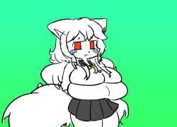 1girls animal_ears anthro charlotte_wiltshire charlotte_wiltshire_(episodes_1-2) female female_protagonist fluffy_hair fluffy_tail hello_charlotte huge_breasts oerba_yun_fang red_eyes simple_background single_fang skindentation skirt solo tail tears underboob very_long_hair white_fur white_hair