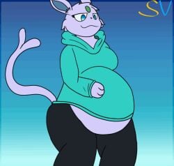 animated anthro anthro_only anthro_pred aura_(speedyvibes) belly big_belly bottomwear breasts clothed clothing death digestion digital_media_(artwork) eeveelution espeon fatal_vore female female/female female_pred fur generation_2_pokemon gradient_background gradient_eyes hoodie mammal nintendo one_eye_closed pants pokemon pokemon_(species) purple_body short_playtime simple_background smug_face solo speedyvibes struggling struggling_prey sweatpants tail thick_thighs tongue tongue_out topwear vore watermark wink