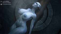 2024 3d_(artwork) alien alien_humanoid areola asari barely_visible_genitalia barely_visible_pussy big_breasts bioware blue_body blue_skin breasts closed_eyes collarbone digital_media_(artwork) electronic_arts female genitals glistening glistening_body glistening_skin hi_res huge_breasts humanoid leaning liara_t'soni mass_effect navel nipples not_furry nude plague_of_humanity_(artist) pussy solo wide_hips