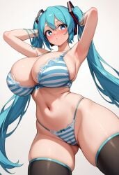 1girls ai_generated armpit_crease armpits arms_behind_head arms_up blue_eyes blue_hair bra cyan_hair female gastkeser82 hatsune_miku huge_breasts large_breasts legs legs_apart navel panties solo stomach striped_bra striped_panties striped_underwear thick thick_thighs thighhighs thighs thong twintails vocaloid voluptuous wide_hips