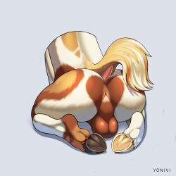 anthro anus ass balls clydesdale draft_horse equid equine fur genitals hi_res hooves horse male mammal mottled mottled_body mottled_fur murphythehonse nude piebald piebald_body piebald_fur rear_view solo tail yonivi