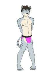 anthro bulge clothed clothing detailed_bulge felid fuze hands_behind_back hi_res jockstrap jockstrap_only male mammal navel nipples pantherine pinup pose simple_background snow_leopard solo topless underwear underwear_only viktor_(fuze) white_background