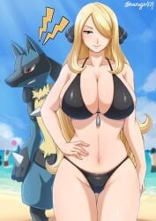 1girls 2boys absurd_res angry beach big_breasts bikini black_bikini blonde_hair blush breasts cleavage commentary creatures_(company) cynthia_(pokemon) game_freak generation_4_pokemon grey_eyes hair_ornament hair_over_one_eye hand_on_waist hi_res lizardman_0427 long_hair lucario navel nintendo ocean outdoors paid_reward_available pokemon pokemon_(species) pokemon_champion pokemon_dppt public signature sky smile standing swimsuit thigh_gap very_long_hair voluptuous voluptuous_female wide_hips