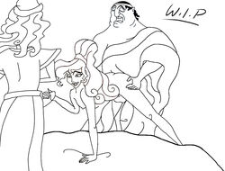 bed blackrose clothing disney doggy_style handjob hercules_(disney) line_art megara monochrome morpheus nipples penis phantasos_(hercules) rough_sketch sex straight testicles threesome work_in_progress