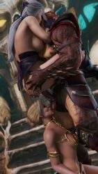 3d 3d_(artwork) ball_sucking balls blonde_hair breasts cassie_cage concubine cum cum_in_pussy cum_inside cum_on_face french_kiss interspecies kissing legs_wrapped_around_partner mature_female milf mortal_kombat mortal_kombat_11 multicolored_hair multiple_girls safemode shao_kahn sideboob sindel stand_and_carry_position tongue wife_and_husband