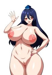 1girls 2d areolae belly belly_button big_breasts blue_hair blush breasts breasts_bigger_than_head cleavage color curvy curvy_figure erect_nipples female female_only hand_on_hip hat hips huge_breasts iizunamaru_megumu large_breasts long_hair looking_at_viewer nails naked naked_female nipples nude nude_female open_mouth pussy red_eyes sharp_fingernails shiny_skin smile solo source ssaf ssaf52913778 ssaf_seibeupail standing tengu thick_thighs thighs tokin_hat touhou uncensored waving waving_at_viewer white_background wide_hips yokai youkai