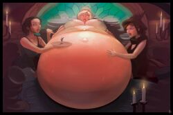 3girls about_to_burst belly_expansion empty_plates female hyper_belly inflation kidquetzal plate skin_turning_red straining_buttons stuffing swear sweat tagme witch