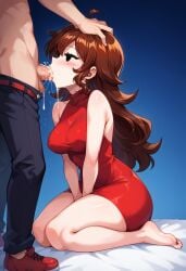 ai_generated barefoot belt blowjob brown_hair cartoon_eyes clothed_female cum cum_in_mouth deepthroat dick feet friday_night_funkin girlfriend_(friday_night_funkin) hand_between_legs red_dress shirtless_male