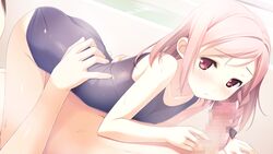 blush censored game_cg kantoku penis pink_hair school_swimsuit swimsuit wet your_diary yua_(your_diary)