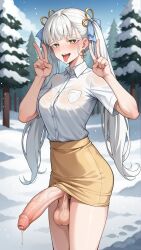 1futa ahe_gao ai_generated balls cum dickgirl ejaculation futanari gold_skirt intersex jinhsi_(wuthering_waves) pencil_skirt penis slitless_pencil_skirt testicles tight_pencil_skirt twintails white_shirt wuthering_waves yuuki_snow