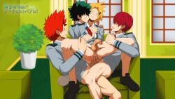 4boys anal blonde_hair bottomless couch denki_kaminari double_anal double_penetration eijirou_kirishima gay green_haie group_sex izuku_midoriya multiple_boys my_hero_academia onoro_nyo red_hair restrained school_uniform shoes shouto_todoroki yaoi