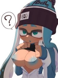 ? black_shirt blue_hair blue_nipples bobblehat coat dark-skinned_female green_eyes half-closed_eyes inkling inkling_girl large_breasts lifting_shirt nipples open_coat open_mouth organ_rn speech_bubble splatoon