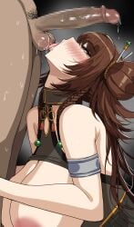1boy bare_shoulders breasts brown_hair censored commentary_request dungeon_and_fighter erection female from_side hair_ornament hella_p highres huge_breasts korean_commentary licking licking_testicle male_pubic_hair mosaic_censoring open_mouth oral penis pubic_hair red_eyes solo_focus testicles tongue tongue_out