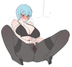 angela_(lobotomy_corporation) blue_hair blush blush blush_lines bra gasp gasping gya_rb library_of_ruina lobotomy_corporation masturbating masturbation masturbation_through_clothing partially_clothed project_moon short_hair underwear yellow_eyes