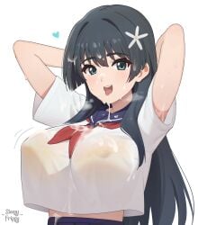 :d absurdres alternate_breast_size arms_behind_head black_hair blue_eyes blue_sailor_collar bra_visible_through_clothes breasts cum cum_on_clothes cum_on_hair facial female flower hair_flower hair_ornament highres huge_breasts long_hair neckerchief open_mouth red_neckerchief revision sailor_collar sakugawa_school_uniform saten_ruiko school_uniform serafuku shirt shirt_overhang short_sleeves sleepy_frippy smile solo toaru_kagaku_no_railgun toaru_majutsu_no_index tongue tongue_out upper_body white_shirt