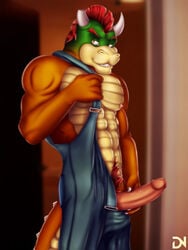 1boy bowser broken_horn clothing dinosaur dream_and_nightmare dreamandnightmare horn koopa looking_at_viewer male male_only mario_(series) masturbation mohawk nintendo overalls pants penis pubic_hair scales scalie solo spikes