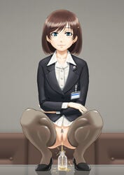 bottomless brown_hair censored formal green_eyes looking_at_viewer mosaic_censoring name_tag office_lady ogino_atsushi original pee_into peeing peeing_in_cup pubic_hair pussy short_hair skirt_suit smile squatting suit thighhighs