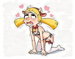 ai_generated animal_print bikini blonde_hair blush breasts cleavage cow_print female heart helga_pataki hey_arnold! highres no_shoes non-web_source open_mouth rolling_eyes sex_toy small_breasts solo swimsuit thighhighs trembling twintails vibrator vibrator_under_clothes white_thighhighs