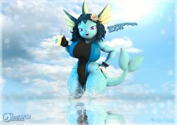 3d_(artwork) 5_fingers absurd_res anthro beverage big_breasts biped blue_body breasts bulge clothing cloud detailed_bulge dialogue digital_media_(artwork) eeveelution erection erection_under_clothing fin fingers flower generation_1_pokemon genital_outline gloves gynomorph gynomorph_anthro hair hand_on_hip handwear hi_res intersex intersex_anthro looking_at_viewer nintendo penis_outline plant pokemon pokemon_(species) purple_eyes ria_(tcflsfm) solo source_filmmaker_(artwork) splash swimwear tcflsfm vaporeon water