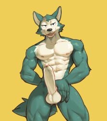 abs anthro balls beastars big_penis blue_body blue_fur canid canine canis countershade_face countershade_fur countershade_torso countershading erection foreskin front_view fur genitals hi_res humanoid_genitalia humanoid_penis jrjresq legoshi_(beastars) male mammal muscular muscular_anthro muscular_male muscular_thighs nipples nude pecs penis presenting presenting_penis scar simple_background solo uncircumcised wolf yellow_background