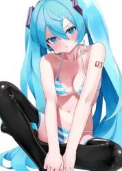 1girls bare_shoulders black_thighhighs blue_eyes blue_hair blush bra breasts female female_only hatsune_miku hatsune_miku_(collared_bikini) latex latex_thighhighs light-skinned_female light_skin long_hair looking_at_viewer medium_breasts navel sitting sitting_on_floor solo_female spread_legs stomach striped_bikini takepon tilted_head twintails vocaloid