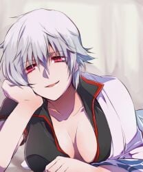 arm_support big_breasts canon_genderswap cleavage close-up female female_only genderswap_(mtf) ginko_sakata gintama gintoki_sakata looking_at_viewer no_bra nogi_(pixiv) pale-skinned_female pale_skin popped_collar red_eyes rule_63 short_hair smile solo upper_body white_hair