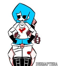 1boy 1girls black_hair blush boots cyan_hair cyan_shorts dermaptera dick_between_thighs friday_night_funkin friday_night_funkin_mod gloves hypnos_lullaby neutral_expression nusky red_(snow_on_mt_silver) red_cap red_jacket skyverse thigh_job thumbs_up