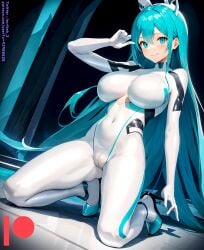 ai_generated bodysuit breasts female high_heels kuriboh_ex_(artist) latex latex_clothing latex_suit oppai rubber rubber_clothing rubber_suit skin_tight turquoise_eyes turquoise_hair