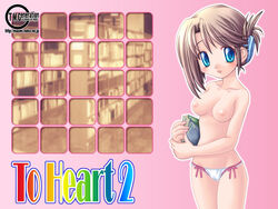 book breasts brown_hair collarbone hair_ornament hairclip highres huge_eyes ishihara_masumi komaki_manaka medium_breasts navel nipples nude open_mouth panties pasties pillow short_hair title_drop to_heart_(series) to_heart_2 topless underwear underwear_only wallpaper watermark web_address white_panties