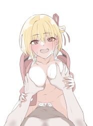 1boy ban_sh_ee blonde_hair blush breasts breath commission cowgirl_position cum cum_in_pussy female grabbing grabbing_another's_breast guided_breast_grab guiding_hand hair_ribbon highres jacket looking_at_viewer lycoris_recoil navel nishikigi_chisato open_clothes open_jacket pixiv_commission red_eyes red_jacket red_ribbon ribbon sex short_hair simple_background smile straddling straight