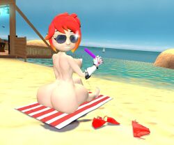 3d 3d_(artwork) beach beach_towel belle_fontiere big_ass bikini breasts kaibernation looking_at_viewer naked_female nipples popcicle side_boobs smg4 smiling_at_viewer sunglasses