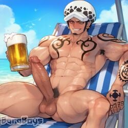 abs ai_generated balls bara baraboys biceps big_balls big_penis blush erection male male_nipples male_only male_pubic_hair muscular_male nipples nude one_piece pecs penis trafalgar_law