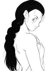 back bare_back bare_shoulders braid breasts clothing covering dragon_ball dragon_ball_gt eyelashes female female_only greyscale long_hair looking_at_viewer looking_back monochrome nipples simple_background single_braid smile solo tied_hair towel upper_body videl_(gt_saga) white_background