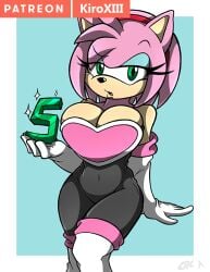 amy_rose anniversary big_breasts bodysuit curvy_female kiroxiii neckline rouge_the_bat_(cosplay) sonic_(series) sonic_the_hedgehog_(series) spandex_shorts tagme thick_thighs